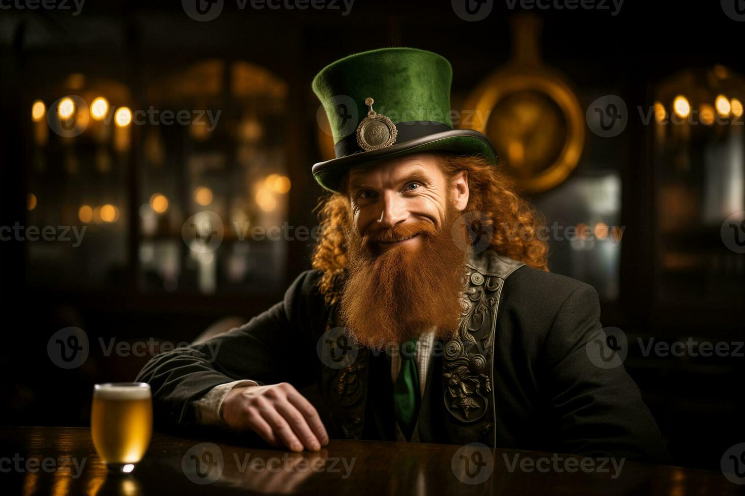 AI generated cheerful bearded red-haired  man in a large traditional St. Patrick's top hat photo