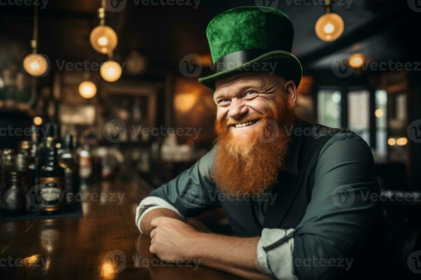 AI generated cheerful bearded red-haired  man in a large traditional St. Patrick's top hat photo