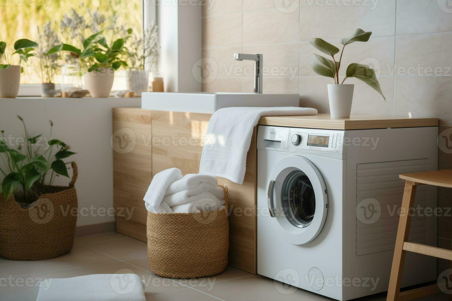 ai generado brillante, acogedor baño con un Lavado máquina y un apilar de blanco toallas por el lavabo foto