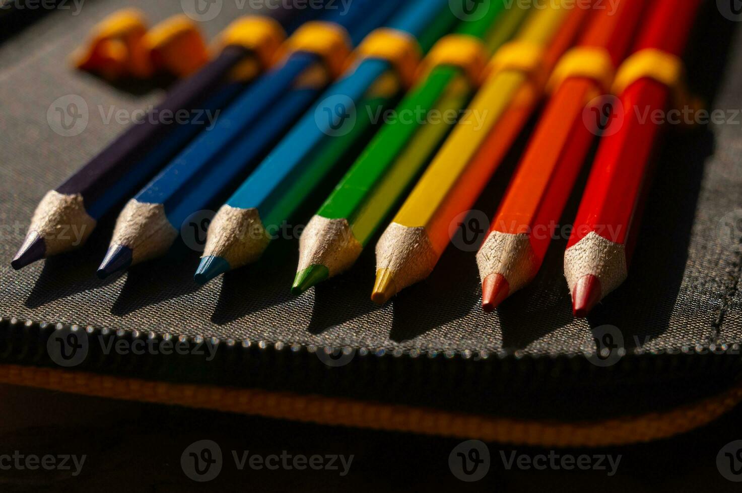 multi-colored pencils in a schoolboy's pencil case photo