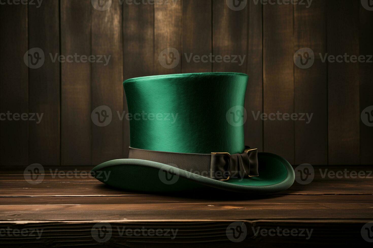 AI generated Green St. Patrick's Top Hat on wooden background photo