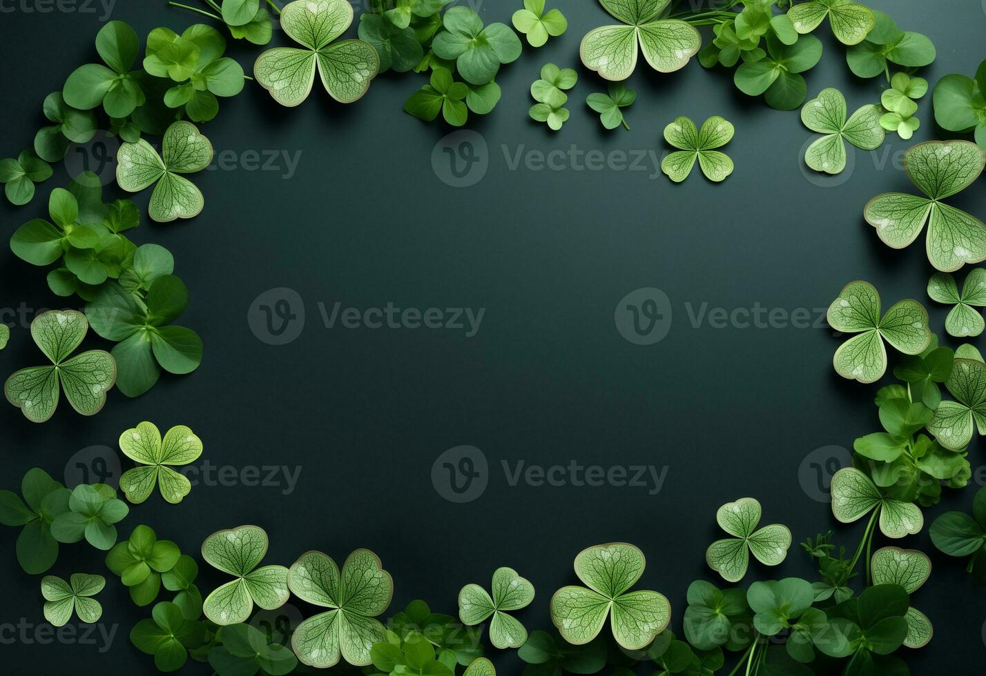 AI generated frame of clover leaves on a green background. Festive background for St. Patrick's Day photo