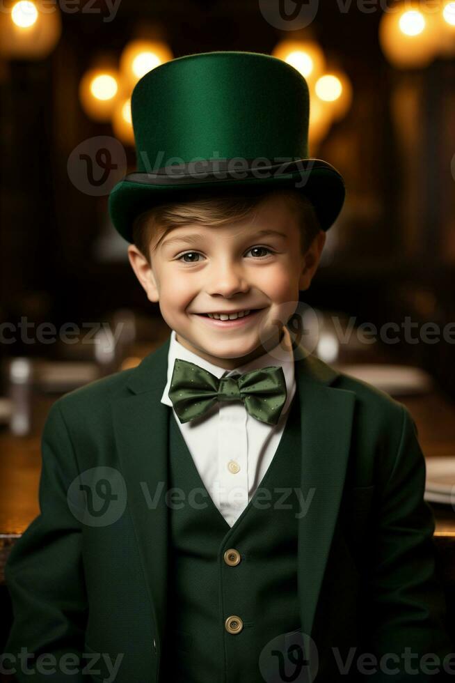AI generated cheerful little boy wearing traditional green St. Patrick's top hat photo