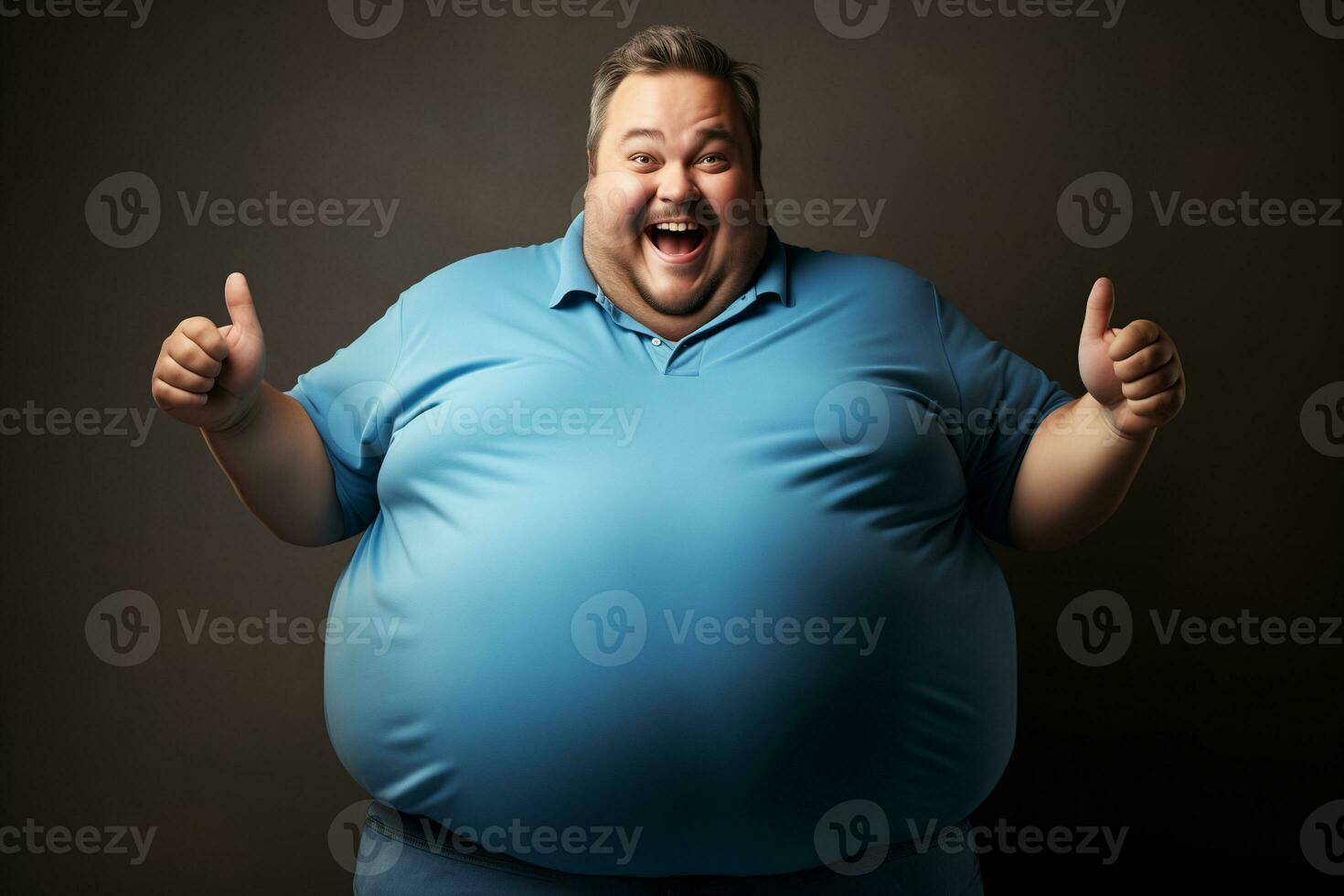 AI generated Happy fat man in a blue T-shirt showing thumb up photo