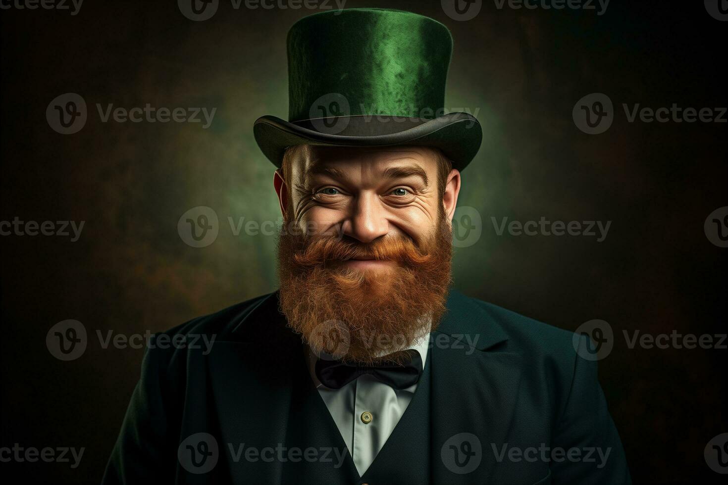 AI generated cheerful bearded red-haired  man in a large traditional St. Patrick's top hat photo