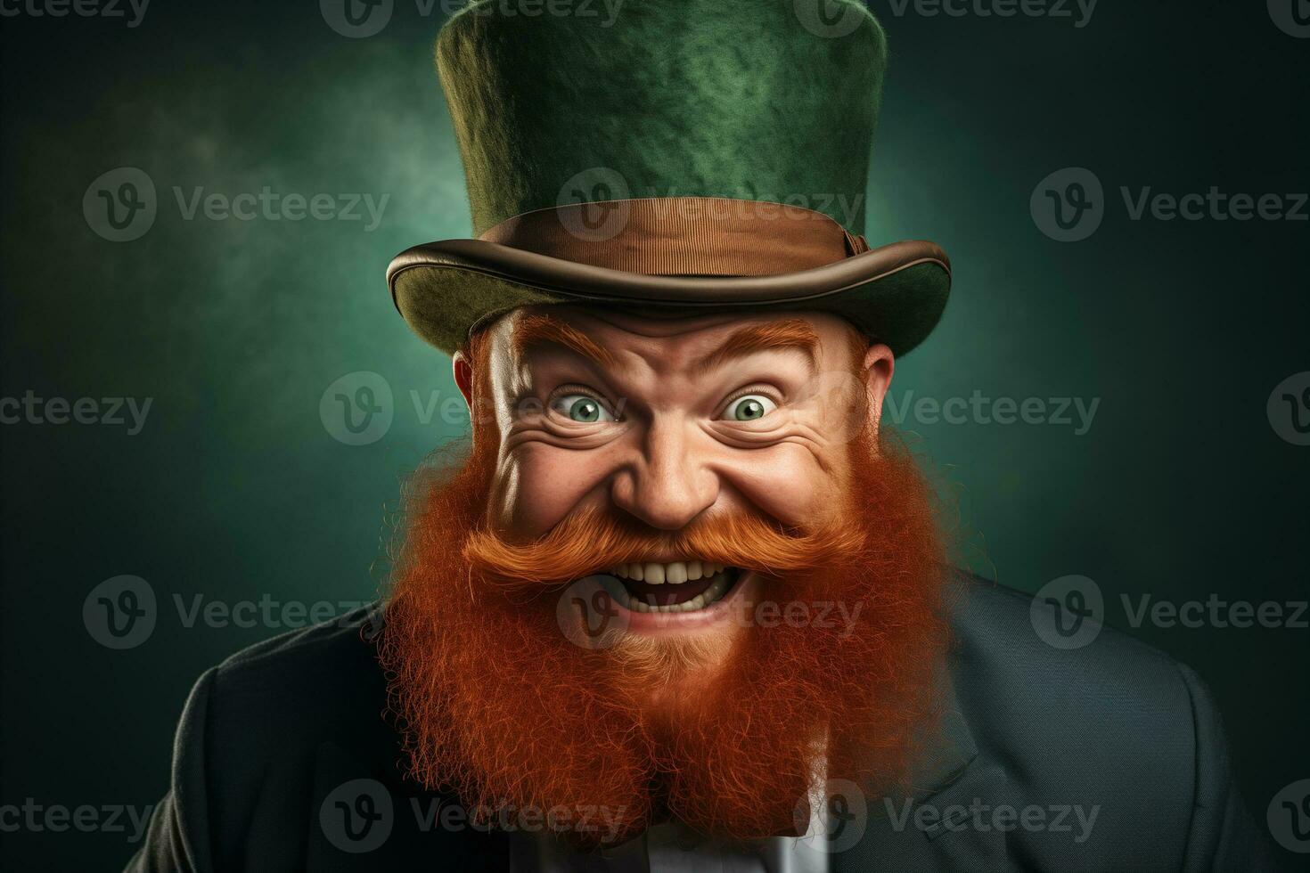 AI generated cheerful bearded red-haired  man in a large traditional St. Patrick's top hat photo