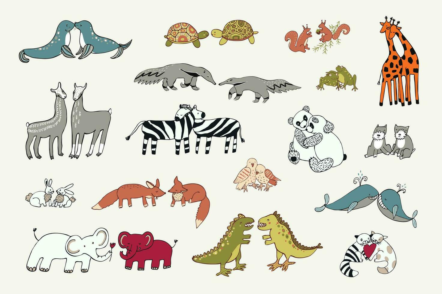 Animals couples in love doodle objects illustrations set. vector