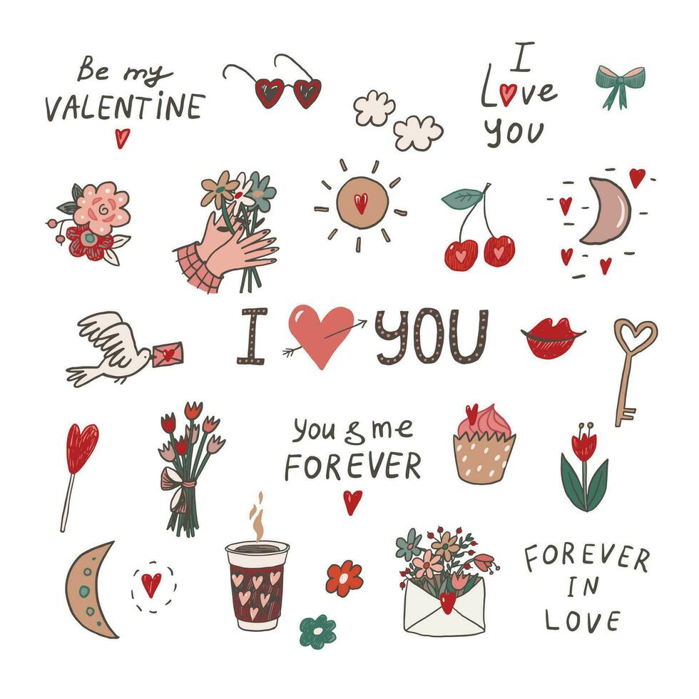 Valentine's day love doodle objects illustrations set. vector