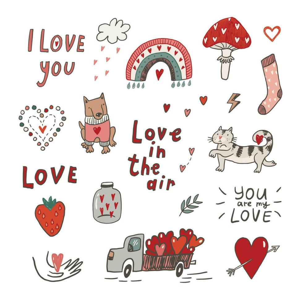 Valentine's day love doodle objects illustrations set. vector