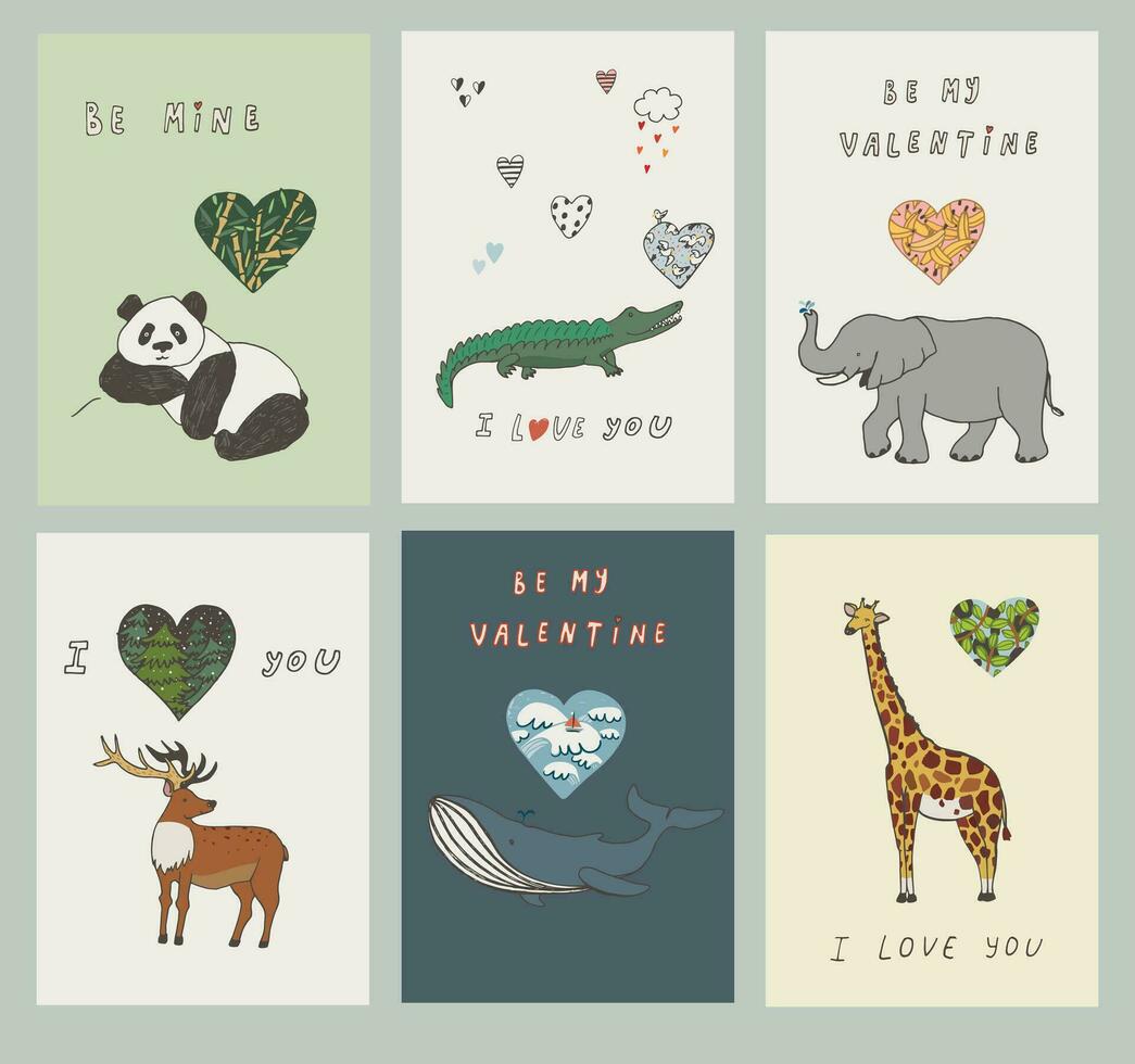 seis tarjetas con animales y corazones San Valentín día saludo huellas dactilares colocar. vector