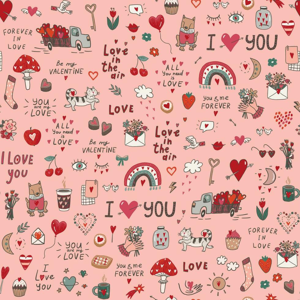 Valentine's day love doodle objects  seamless pattern. vector