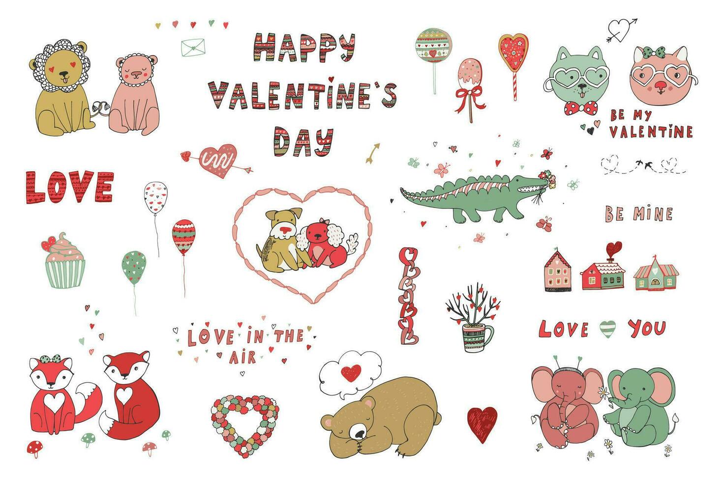 Valentine's day love doodle objects illustrations set. vector