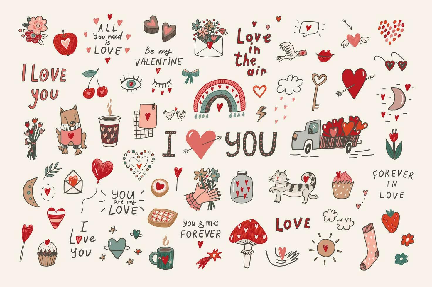 Valentine's day love doodle objects illustrations set. vector