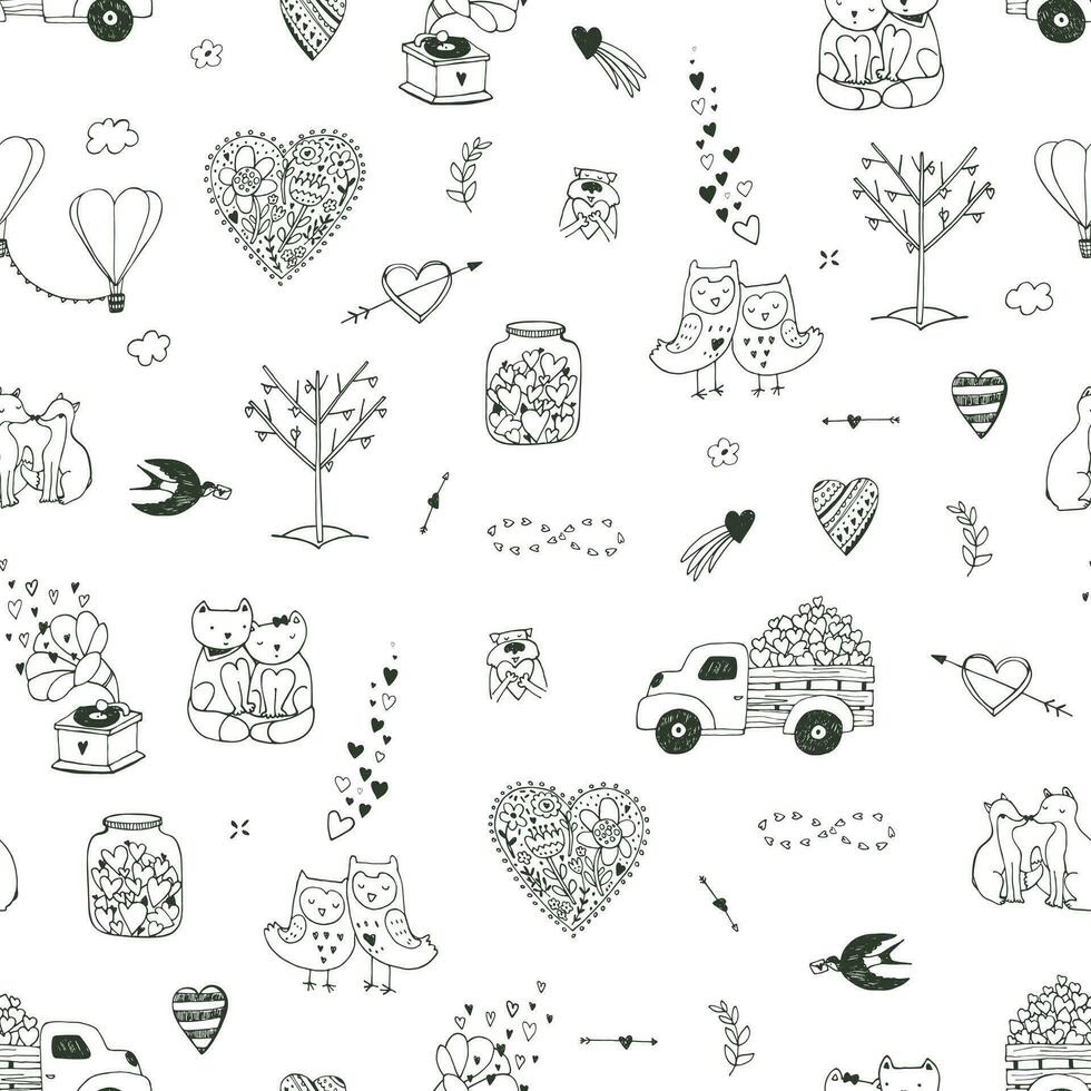 Valentine's day love doodle objects seamless pattern. vector