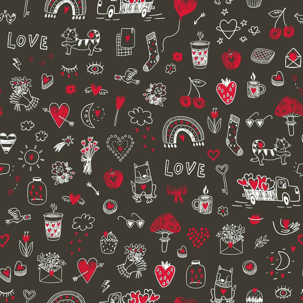 Valentine's day love doodle objects  seamless pattern. vector