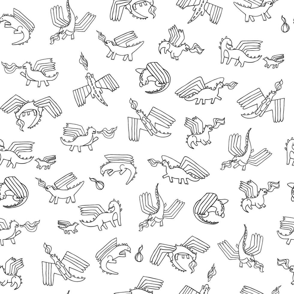 Dragons flying with fire. Seamless vector pattern for textile and decoration