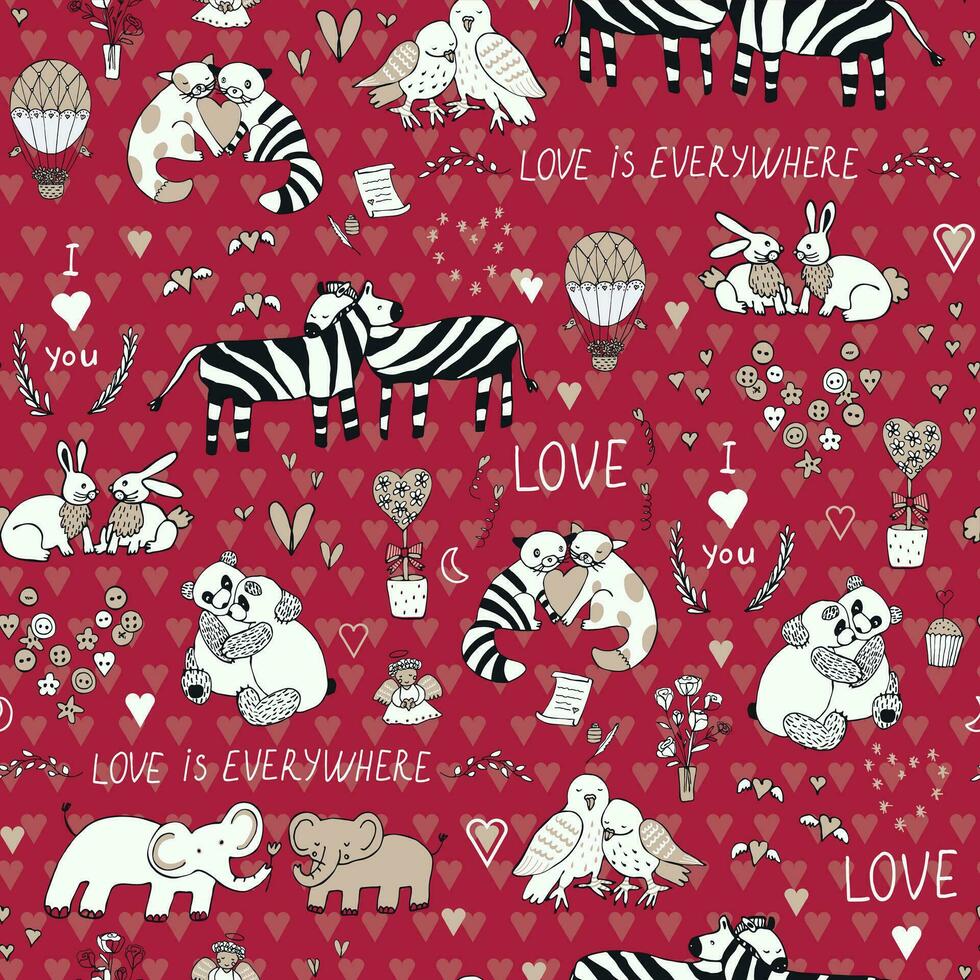 Valentine's day love doodle object, animals couples seamless pattern. vector