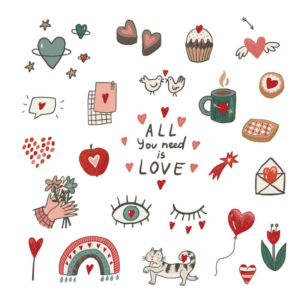 Valentine's day love doodle objects illustrations set. vector