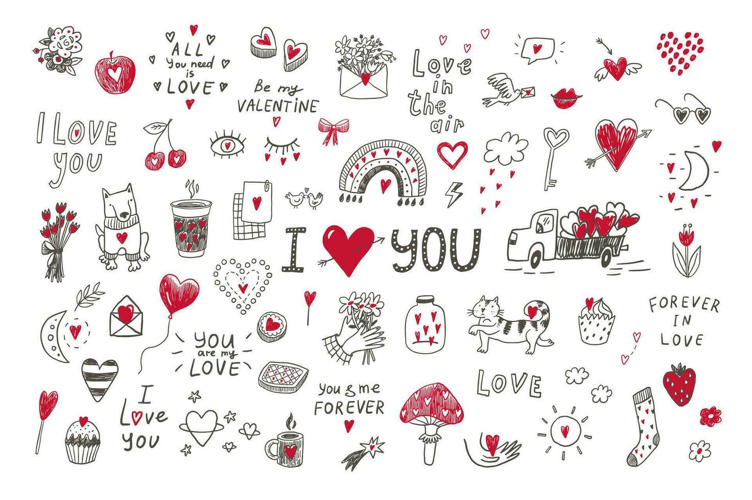 Valentine's day love doodle objects illustrations set. vector