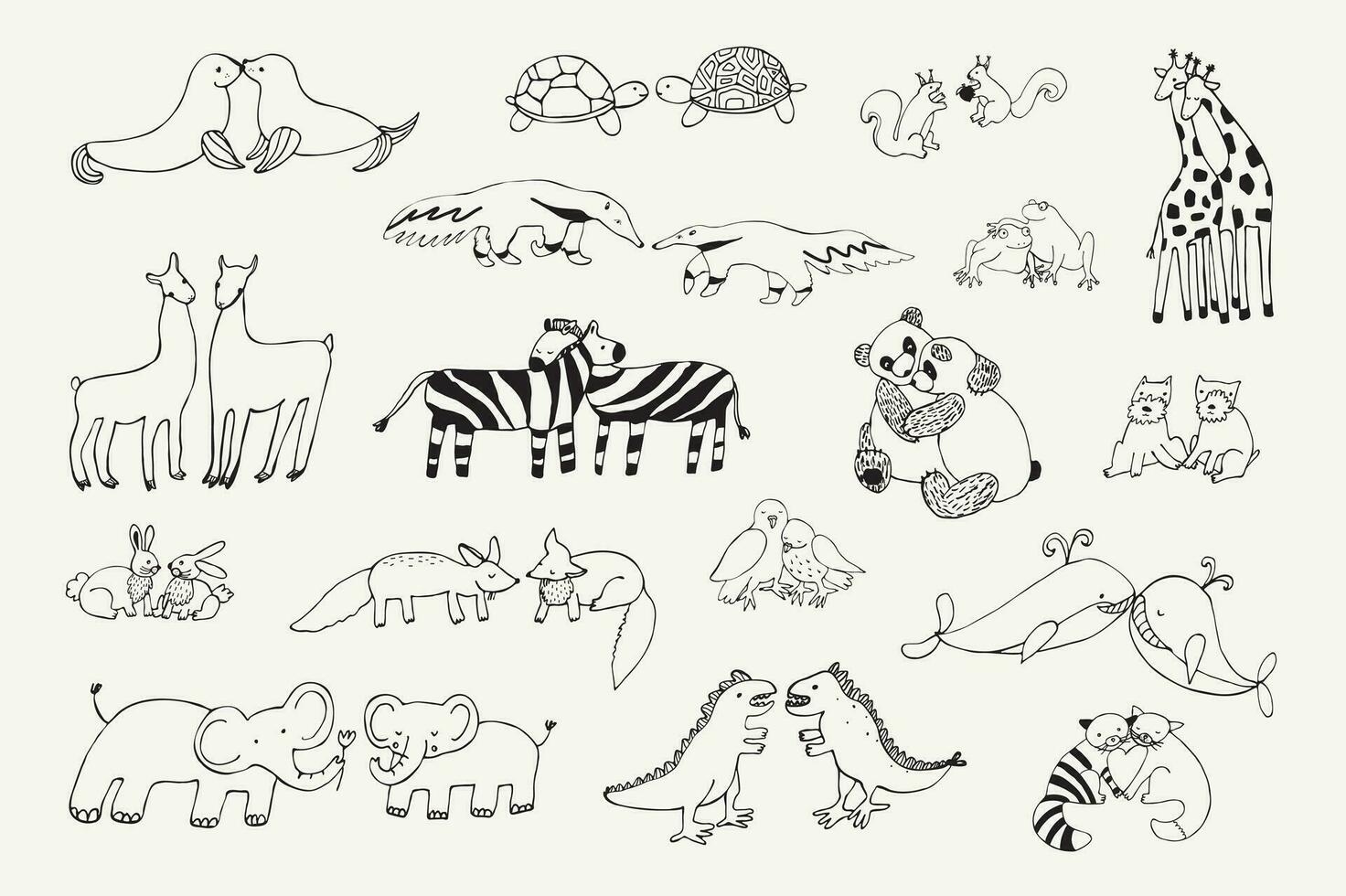 Animals couples in love doodle objects line illustrations set. vector
