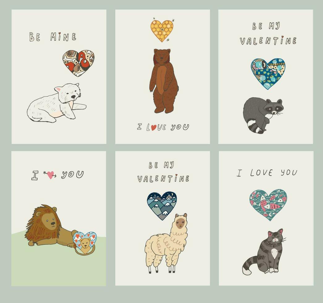 seis tarjetas con animales y corazones San Valentín día saludo huellas dactilares colocar. vector