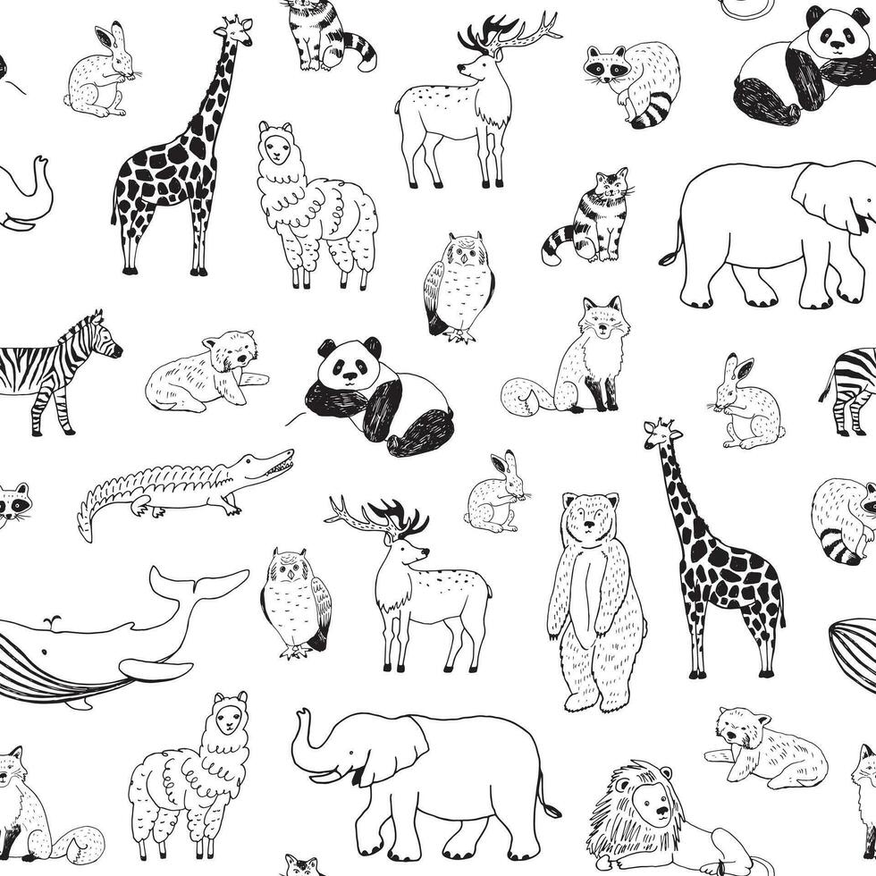 a black and white seamless vector pattern with animals