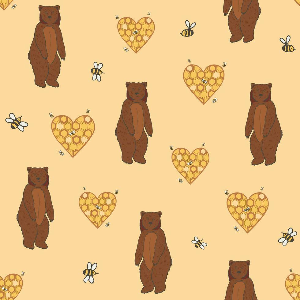 a brown bear and honeycomb seamless vector pattern on a yellow background