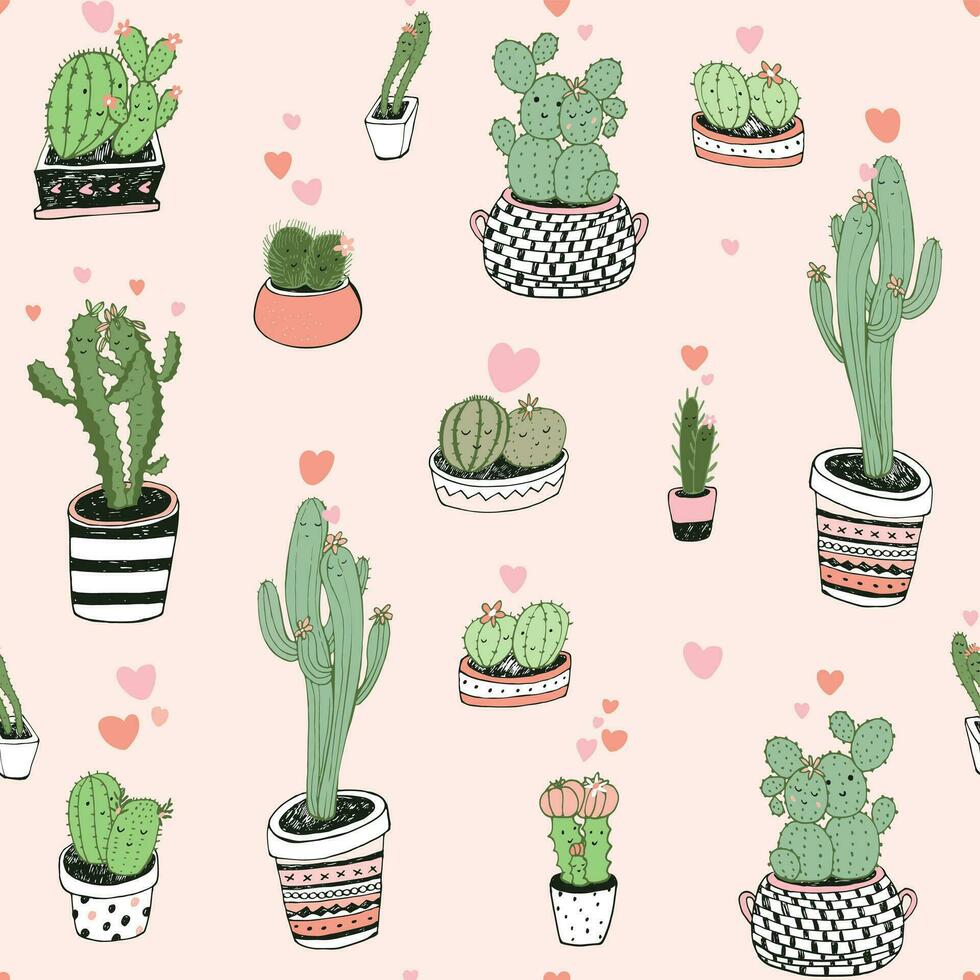 Valentine's day love cactus couples seamless pattern. vector