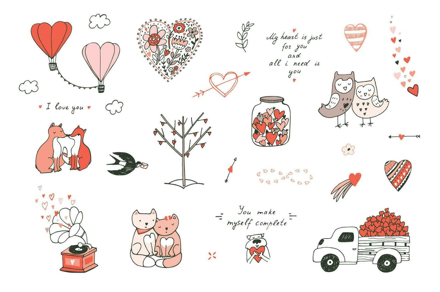 Valentine's day love doodle objects illustrations set. vector