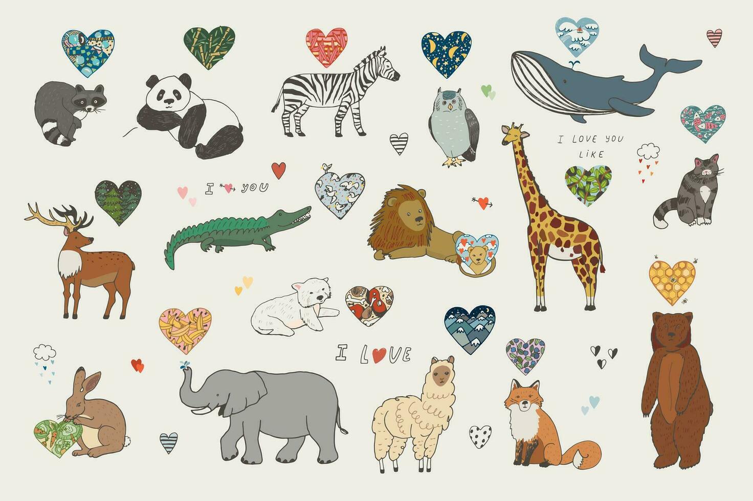 a set of animals and hearts with the words i love you vector