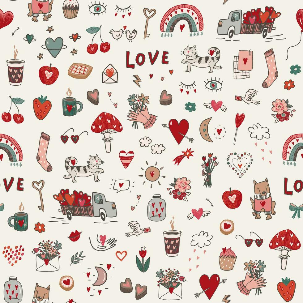 Valentine's day love doodle objects  seamless pattern. vector