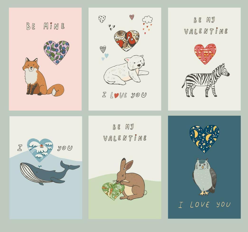 six cards with animals and hearts valentine's day greeting prints set. vector