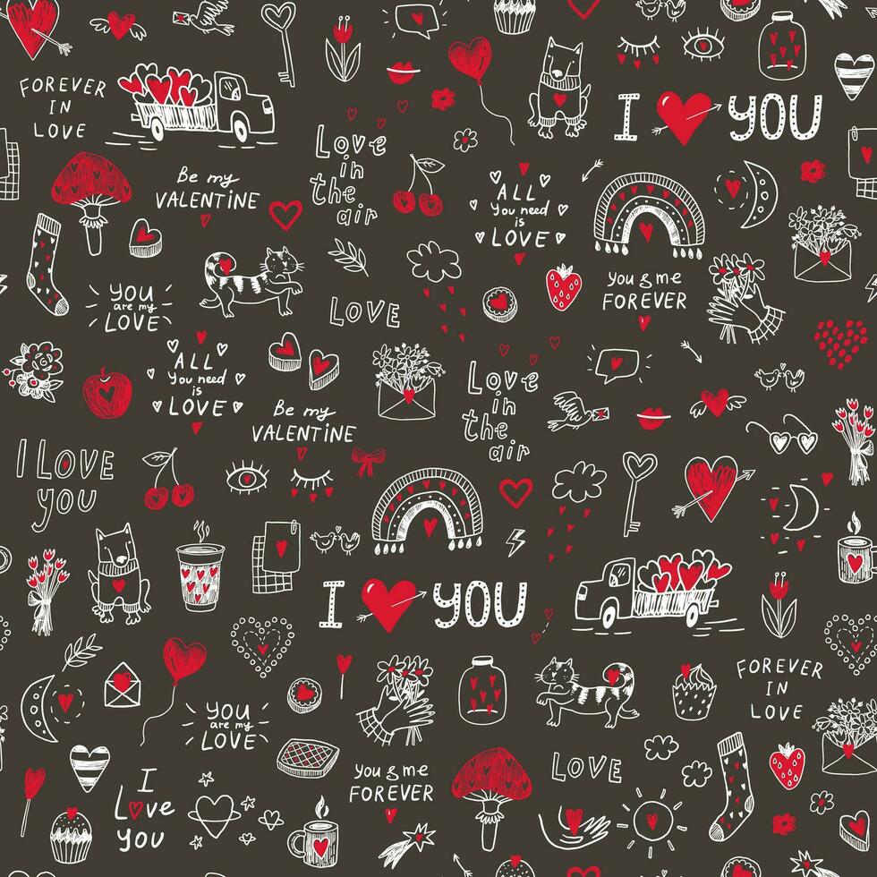 Valentine's day love doodle objects  seamless pattern. vector