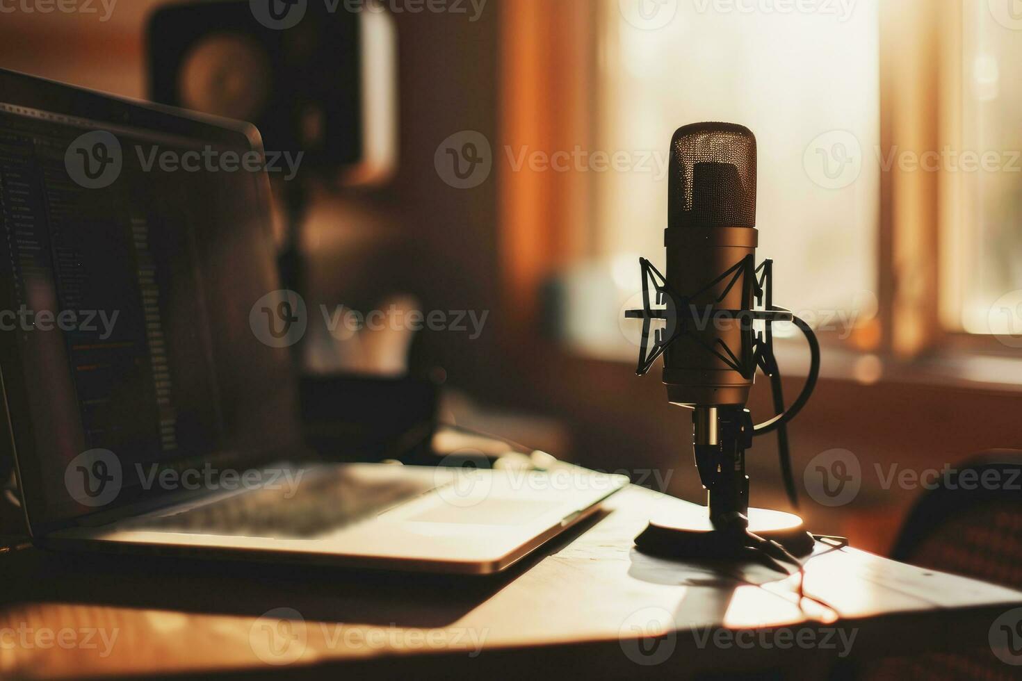 AI generated influencer or content creator recording a video podcast or YouTube video, studio microphone. with laptop .generative ai photo