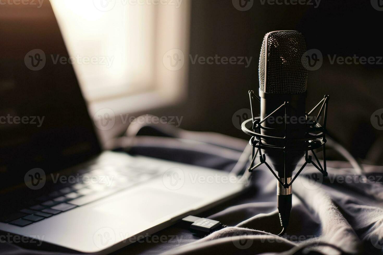 AI generated influencer or content creator recording a video podcast or YouTube video, studio microphone. with laptop .generative ai photo