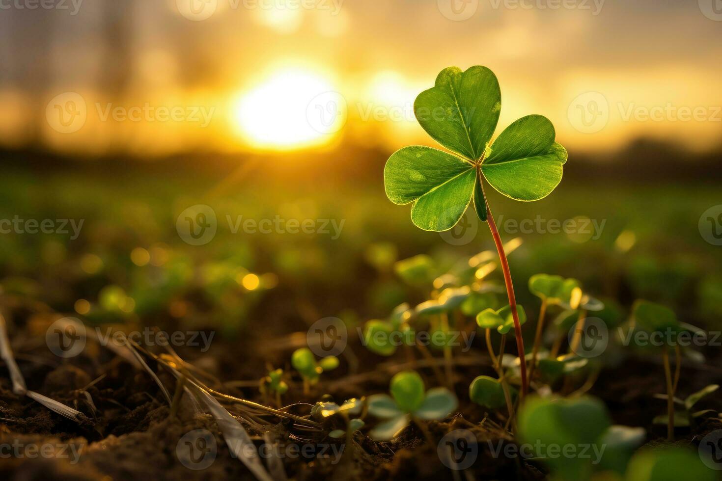 AI generated happy saint Patrick's day leaf shamrock clover close up with evening sunset in background. AI genrative photo