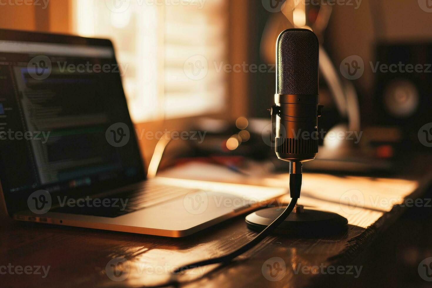 AI generated influencer or content creator recording a video podcast or YouTube video, studio microphone. with laptop .generative ai photo