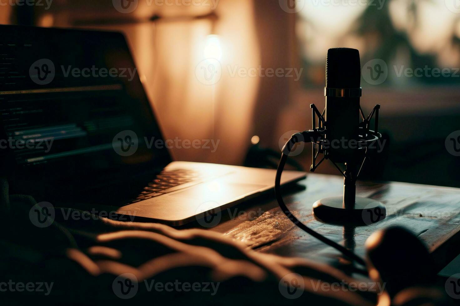 AI generated influencer or content creator recording a video podcast or YouTube video, studio microphone. with laptop .generative ai photo