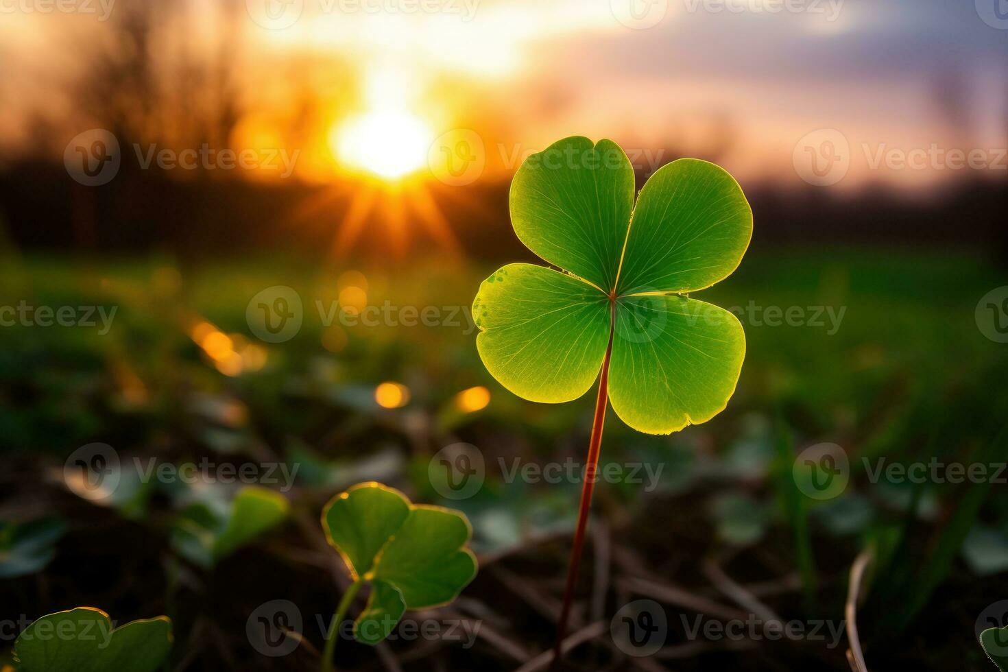AI generated happy saint Patrick's day leaf shamrock clover close up with evening sunset in background. AI genrative photo