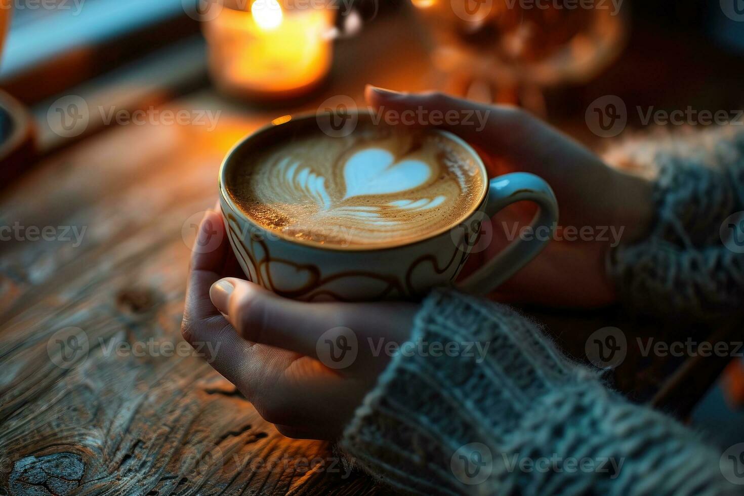 AI generated Female hands holding a cup of coffee with foam on blue background. Hot coffee with a heart. ai generative photo