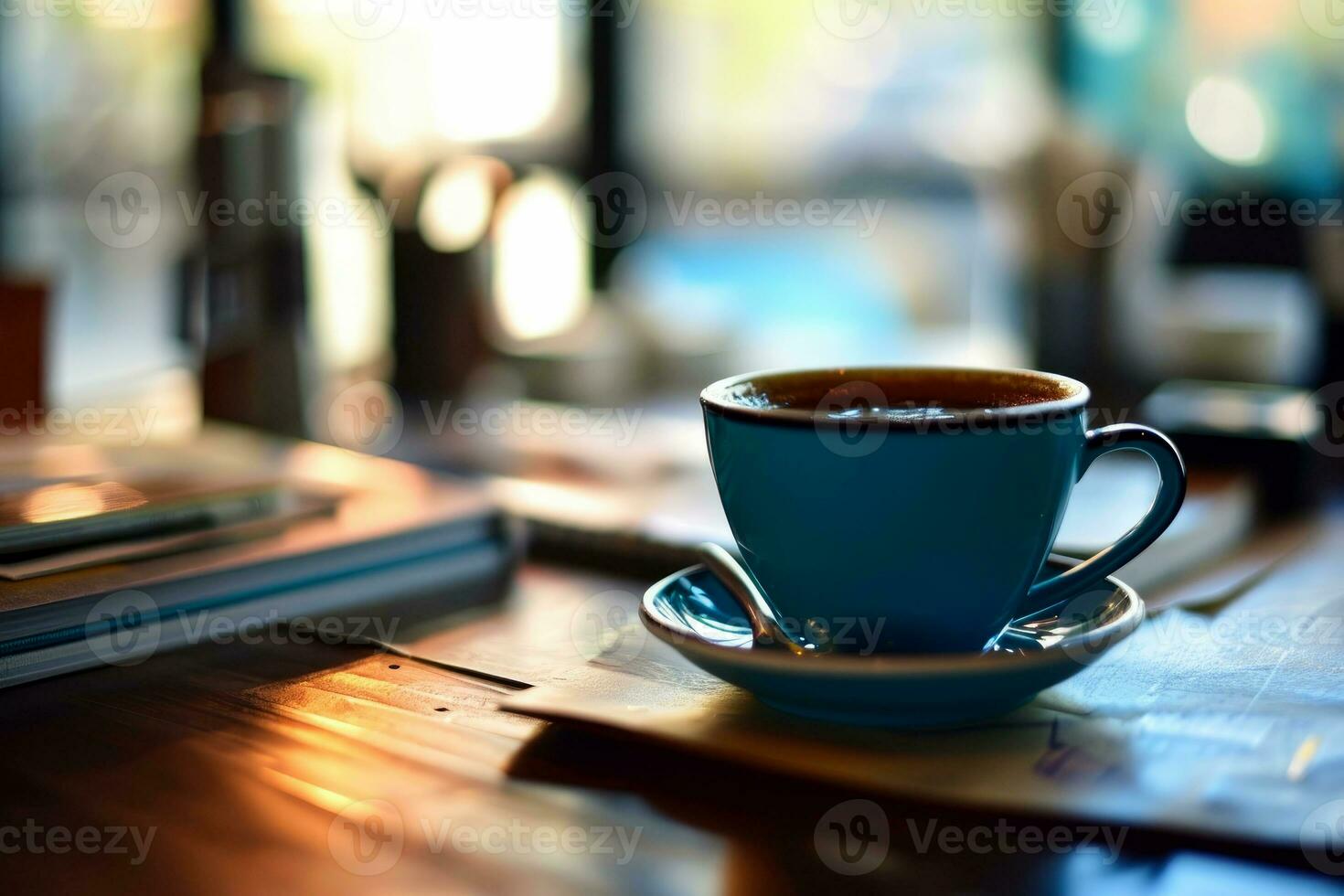AI generated blue coffee in office background. Blue Monday concept and copy space. generative ai photo