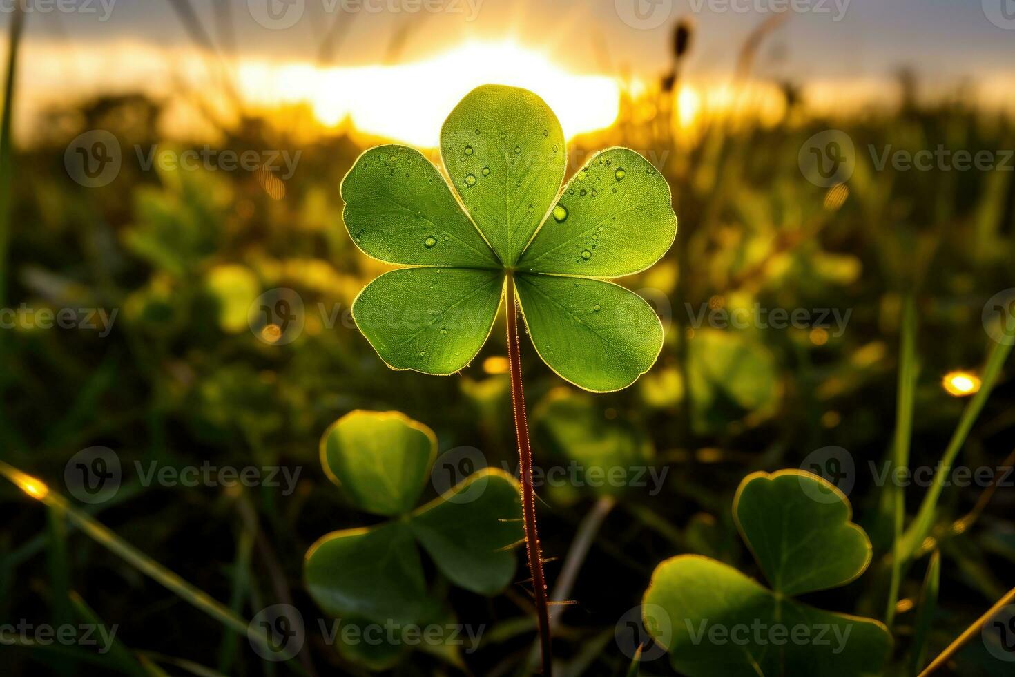 AI generated happy saint Patrick's day leaf shamrock clover close up with evening sunset in background. AI genrative photo
