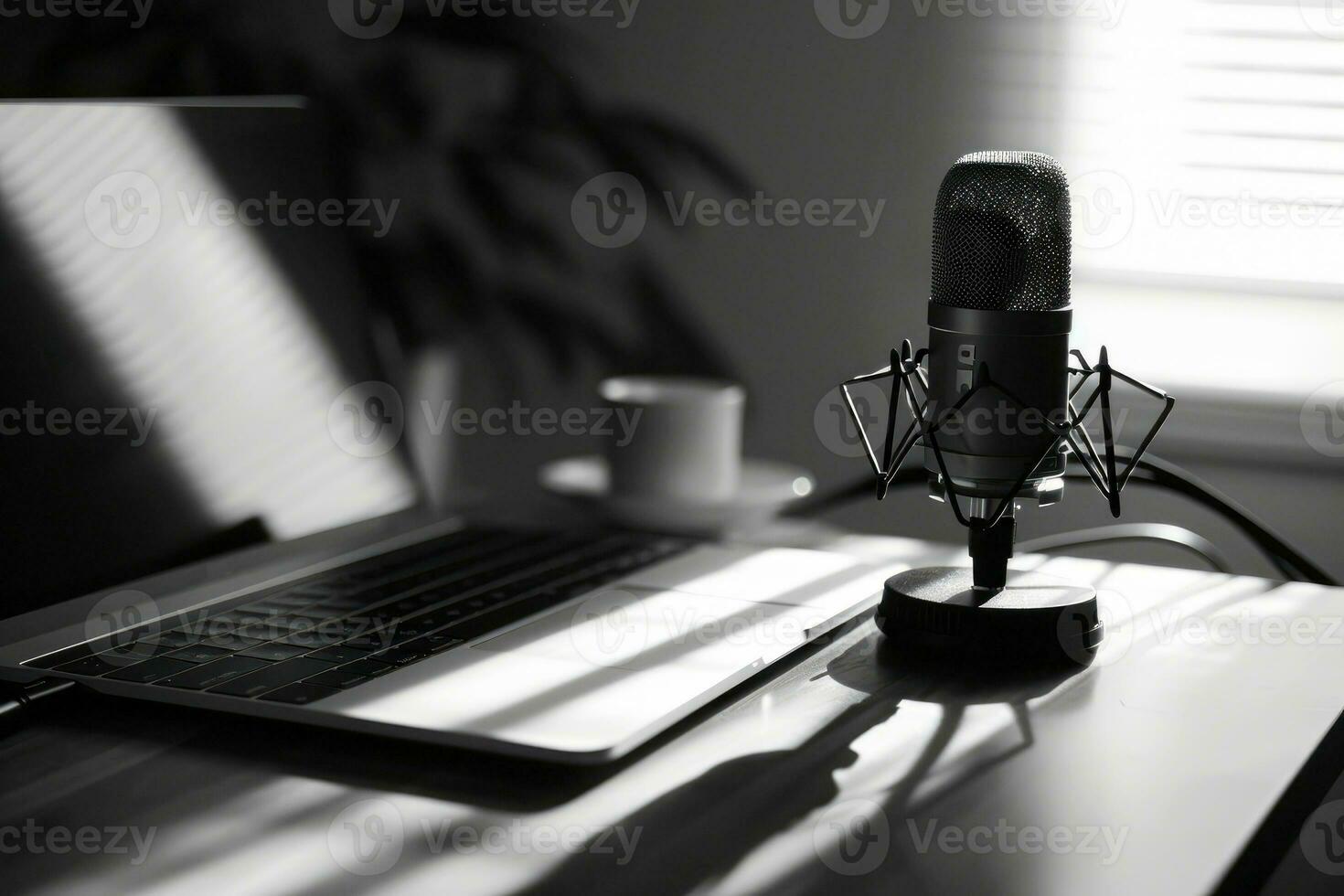 AI generated influencer or content creator recording a video podcast or YouTube video, studio microphone. with laptop .generative ai photo