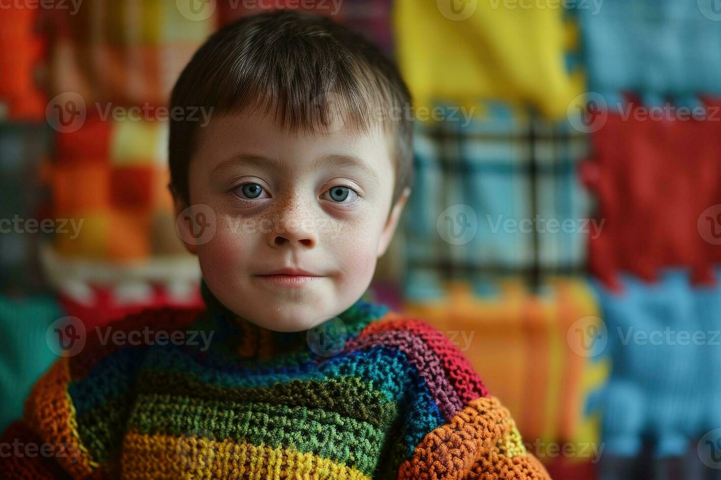 ai generado retrato de un linda contento niño con abajo síndrome sonriente. hermosa humano, generado ai foto