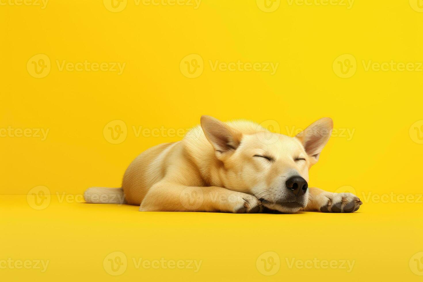 AI generated a dog sleep on soft pastel yellow background. ai generative photo
