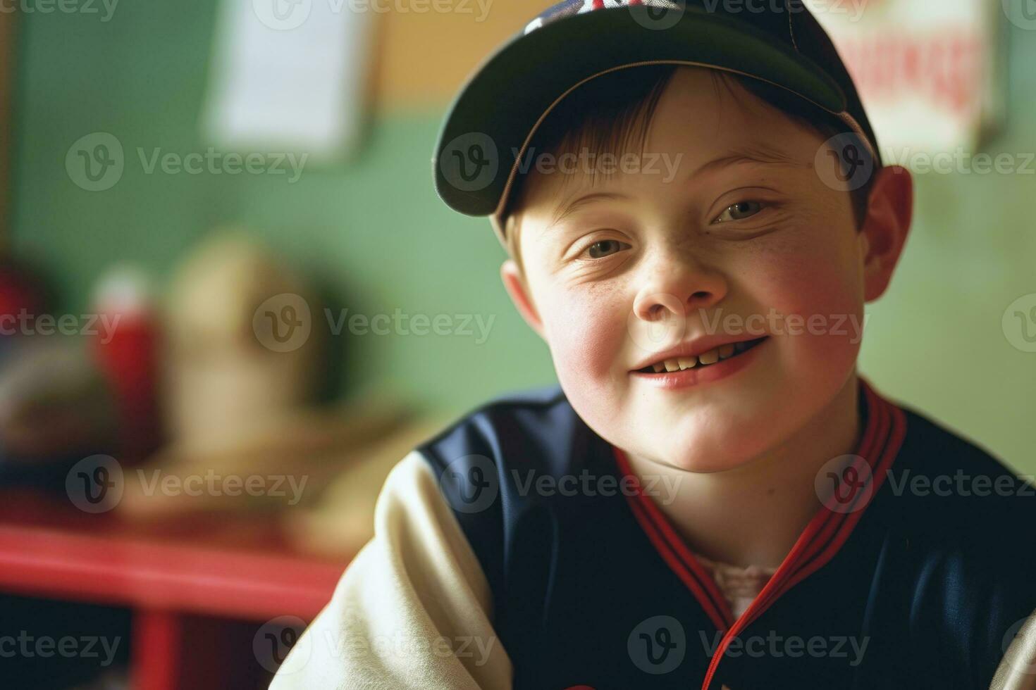 ai generado retrato de un linda contento niño con abajo síndrome sonriente. hermosa humano, generado ai foto