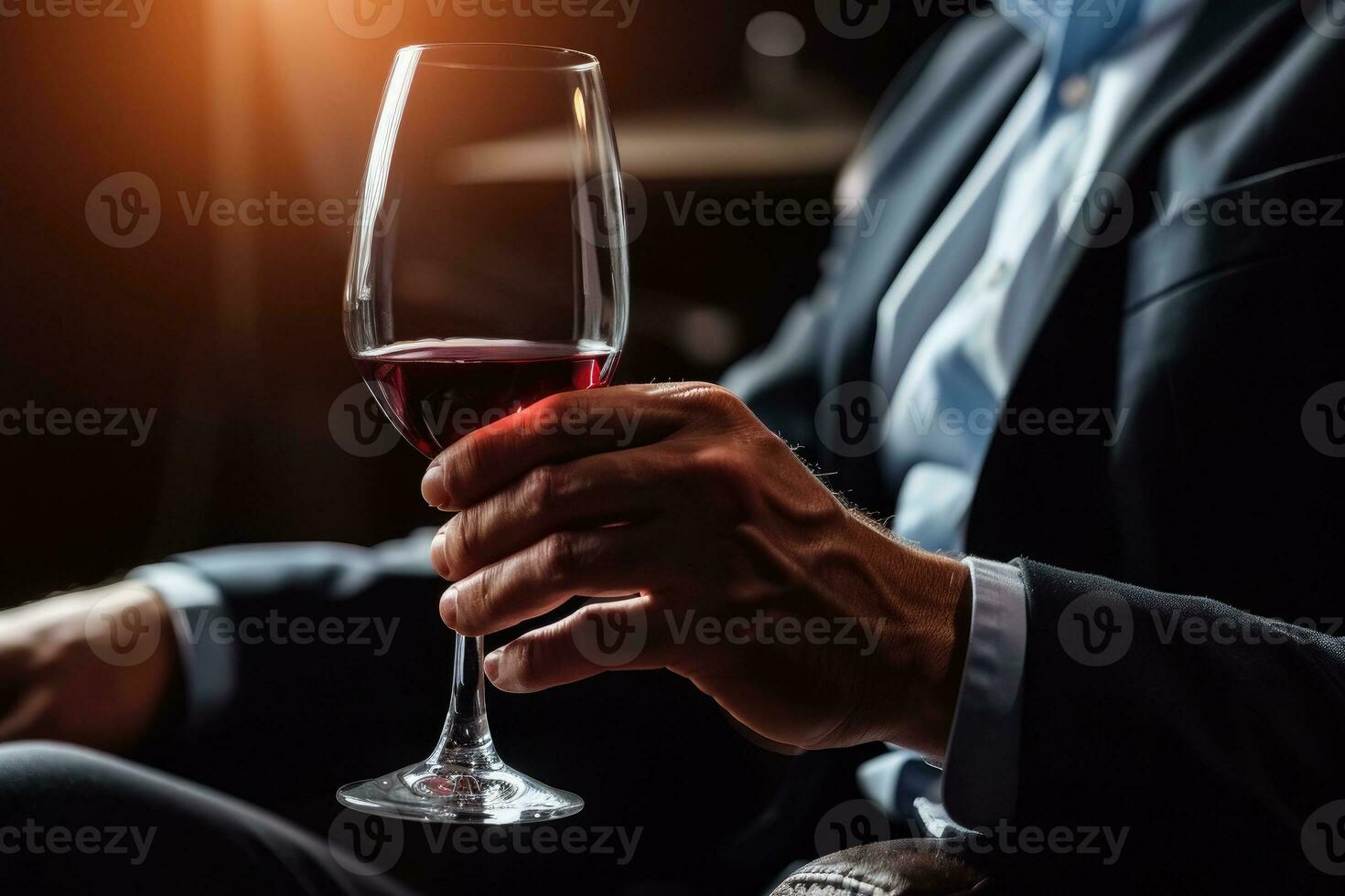 AI generated business man hands holding a red wine glass .generative ai photo