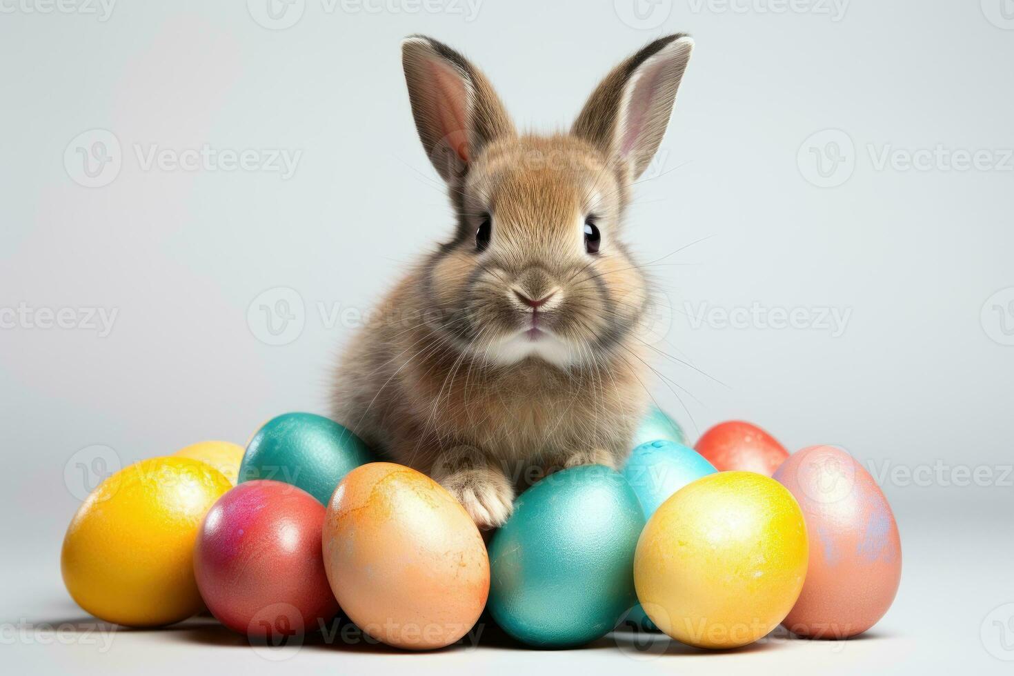 AI generated bunny surrounded by colorful Easter eggs. white background. Generative AI photo
