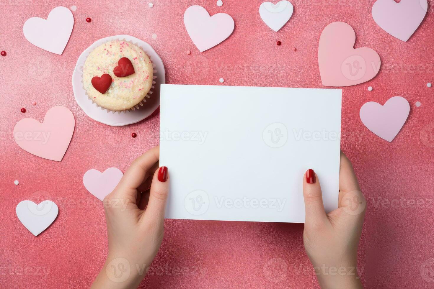 AI generated hand woman holding with blank card. valentine day concept .generative ai photo