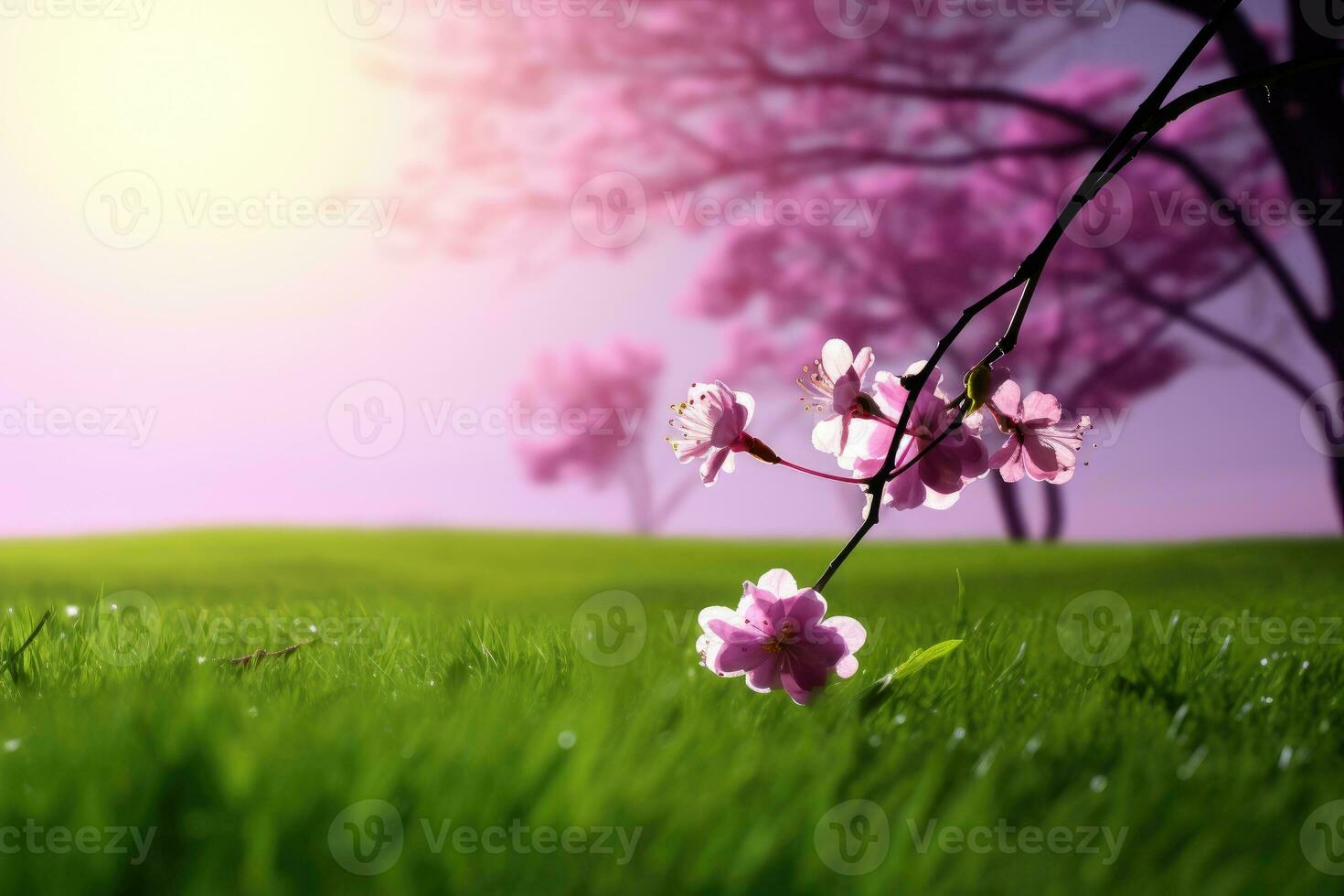 AI generated A purple cherry blossom blooms on the green grass. generative ai photo